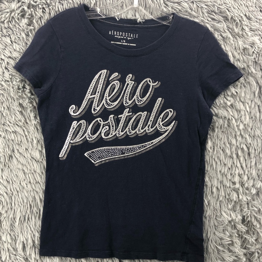 Aeropostale Tshirt Womens Large Spellout Embellished Blue Gray Short Sleeve